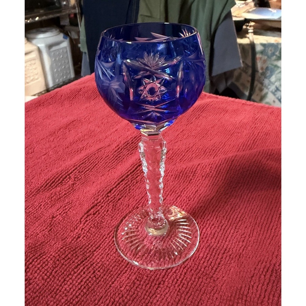 Vintage Nachtmann Cobalt Cut To Clear Cobalt Wine Hock 5" Bavaria Crown N Mark
